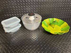 Joseph Joseph Flower Steamer Basket, Salad Spinner & Glass Storage Containers (Lot of 4)