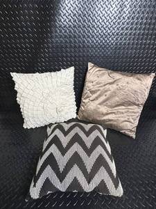 Decorative Throw Pillows - Zigzag BlackWhite, White Rosette, Taupe Satin (Lot of 3)