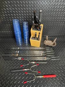 Wooden Knife Block Set with Knives, Scissors, Skewers, Forks & Cups