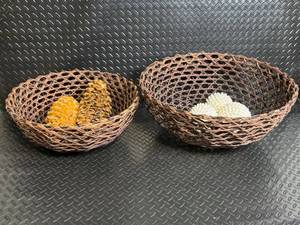 Woven Basket Set - 2 Round Baskets with Pinecones & White Spiky Decor Balls