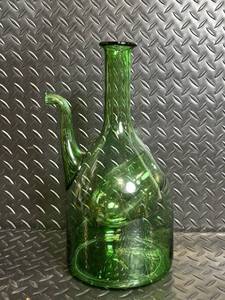 Green Glass Decanter with Long Neck & Curved Side Spout
