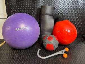 Reebok Purple Exercise Ball, BodyFit Roller, Medicine Balls & Balance Bar - Home Gym Set