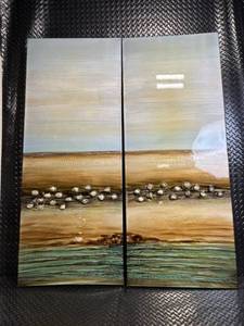Seascape Diptych Painting on Wood Panels - Beach & Pebble Shore (2-Panel)