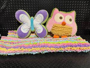 Colorful Crochet Rug with Butterfly & Owl Plush Pillows - 3-Piece Set