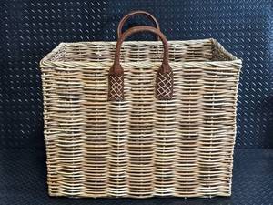 Large Rectangular Woven Wicker Basket with Leather Handles - Vintage Picnic Hamper