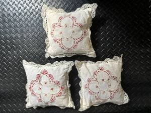 Lace-Trim Pillows 6in Square - Ivory Cotton With Crochet Edges (Lot of 3)