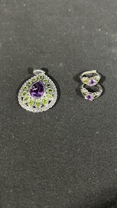 Pendant & Ring Set - Teardrop Purple Center with Lime-Green Accents, Silver Tone