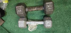 Lot of single 10LB and Single 15LB Metal Hex Dumbbells (USED)