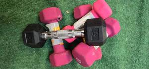 Lot of Three 5LB, one 3lb neoprene and one 5LB Rubber Hex dumbbells (New but got moved around many times in the warehouse)