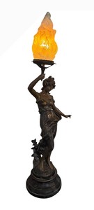 UL - Antique French Art Nouveau Figural Lamp - Bronze Woman with Torch