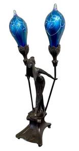 UL - Art Nouveau Figural Table Lamp with Dual Blue Hand-Blown Globes by Carl Radke  Irne Rochard Phoenix Studios Art Nouveau Young Woman Two Light Table Lamp Post War Dark