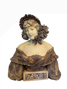 UL - Antique Art Nouveau Ceramic Bust - Woman with Floral Headpiece on Carved Base
