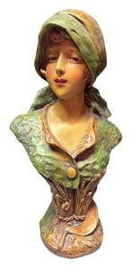 LLR - Vintage Polychrome Plaster Art Nouveau Style Bust Sculpture