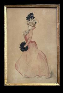 FR - Antique Fancy Lady Watercolor Painting by M.M. Erdman