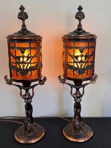 DR - Pair of Vintage Art Nouveau Table Lamps with Amber Glass Panels