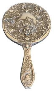 DR -Antique Silver-Plate Hand Mirror with Engraved Goddess Face & Floral Handle