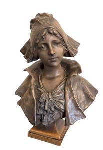 LR - Cast Metal Bust - Female Portrait with Bonnet on Square Base
