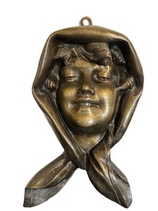 DR - Antique French Art Nouveau Brass Figural Wall Hanging