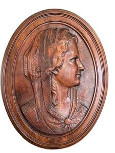 DR - Antique Clara Louise Kellogg Bas Relief in Carved Wooden Medallion- Signed Miollet