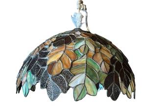 G - Vintage Stained Glass Ceiling Light - Leaf Pattern Tiffany-Style Shade