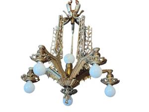 G - Chandelier - Vintage Art Deco Hanging Ceiling Light, 6-Bulb Brass Fixture