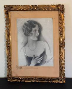 Antique 1929 Portrait Drawing - Framed 16x21 in