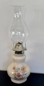 DR - Vintage Milk-Glass Oil Lamp with Floral Gold-Accent Pattern