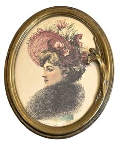 Art Nouveau Brass Oval Mirror with Vintage Portrait Print - Frame