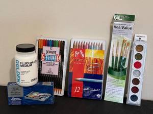 BR - Derwent StudioClassic Pencils - Cotman Watercolors - Golden Matte Medium - RealValue Brush Set