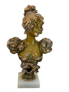 LR - Antique Art Nouveau Bronze Bust of a Lady on Marble Base
