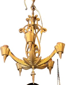 G - 1920s Art Deco 5-Light Ceiling Fixture - Gold-Tone Chandelier
