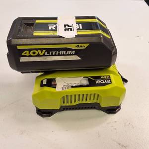 Ryobi 40V Lithium-Ion 4.0 Ah battery and its accompanying rapid charger