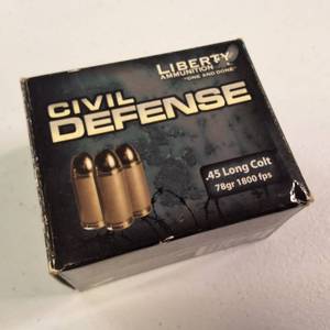 1 box of Liberty Ammunition Civil Defense cartridges in .45 Long Colt caliber