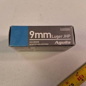 1 box of Aguila 9mm Luger 124-grain Jacketed Hollow Point (JHP) handgun ammunition.