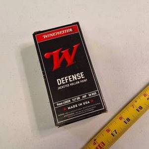 1 box of Winchester Defense 9mm Luger ammunition with 147-grain hollow point bullets.