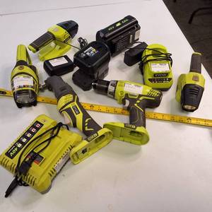 Large collection of Ryobi 18V ONE power tools, batteries, and chargers, combo kit