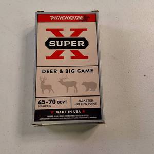One box Winchester Super-X .45-70 Government 300-Grain Jacketed Hollow Point centerfire rifle ammunition