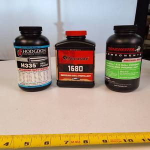 Lot of  three 1-pound containers of smokeless rifle powder from leading manufacturers