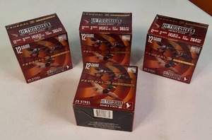 This lot features four 25-round (100 TL)  boxes of Federal UltraSteel Double Stack high-velocity steel shotshells.