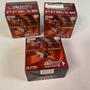 Lot of three boxes of Federal Premium UltraSteel Double Stack high-velocity steel waterfowl shotshells.