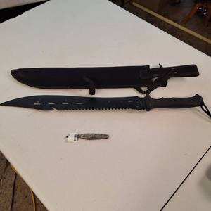 The BIG and the small.... a large, black survival-style knife and its matching nylon sheath  a smaller folding pocket knife.