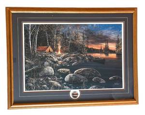 DR - Framed Lake Landscape Print - Campsite by the Lake with Canoe, 29 x 39 in
