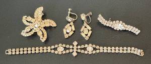 LL - Vintage Rhinestone Bracelet, Earrings & Brooches Set - 6.5 Inch Bracelet