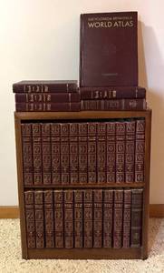 LL - Vintage Leather Encyclopedia Britannica Books and World Atlas with Bookcase