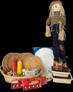 DR - Scarecrow Figure 3 Ft Tall With Doilies, Baskets, Tea Lights & Storage Dishes