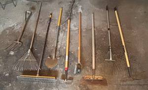 G - Assorted Tools - Rake, Shovel, Pitchfork, Broom & More
