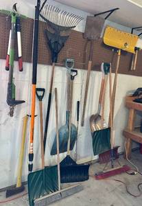 Assorted Garden Tools - Shovels, Rakes & Brooms