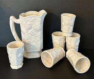 DR - Vintage Pitcher & Tumblers Set - Grapevine Embossed Ceramic