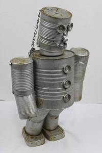 Tin Can Robot Sculpture - Vintage Metal Art Figurine with Chain 20