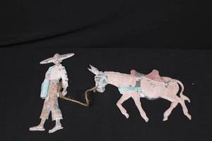 Folk Art Hanging Figure - Man in Wide Brim Hat Leading Donkey, Painted Decor 12tall